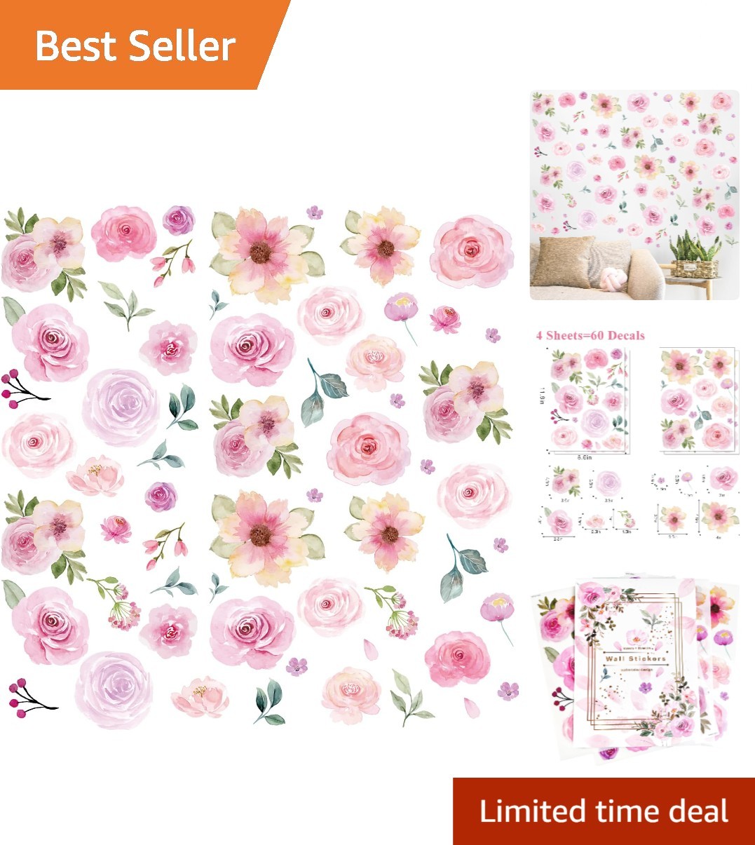 60 Pcs Flower Peel and Stick Wall Decals Watercolor Vinyl Peony Floral & Leav…
