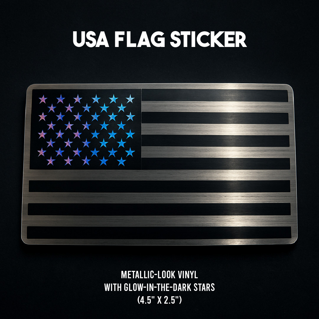USA Flag Vinyl Sticker – Metallic Look – Glow-in-the-Dark Stars – 4.5″x2.5″