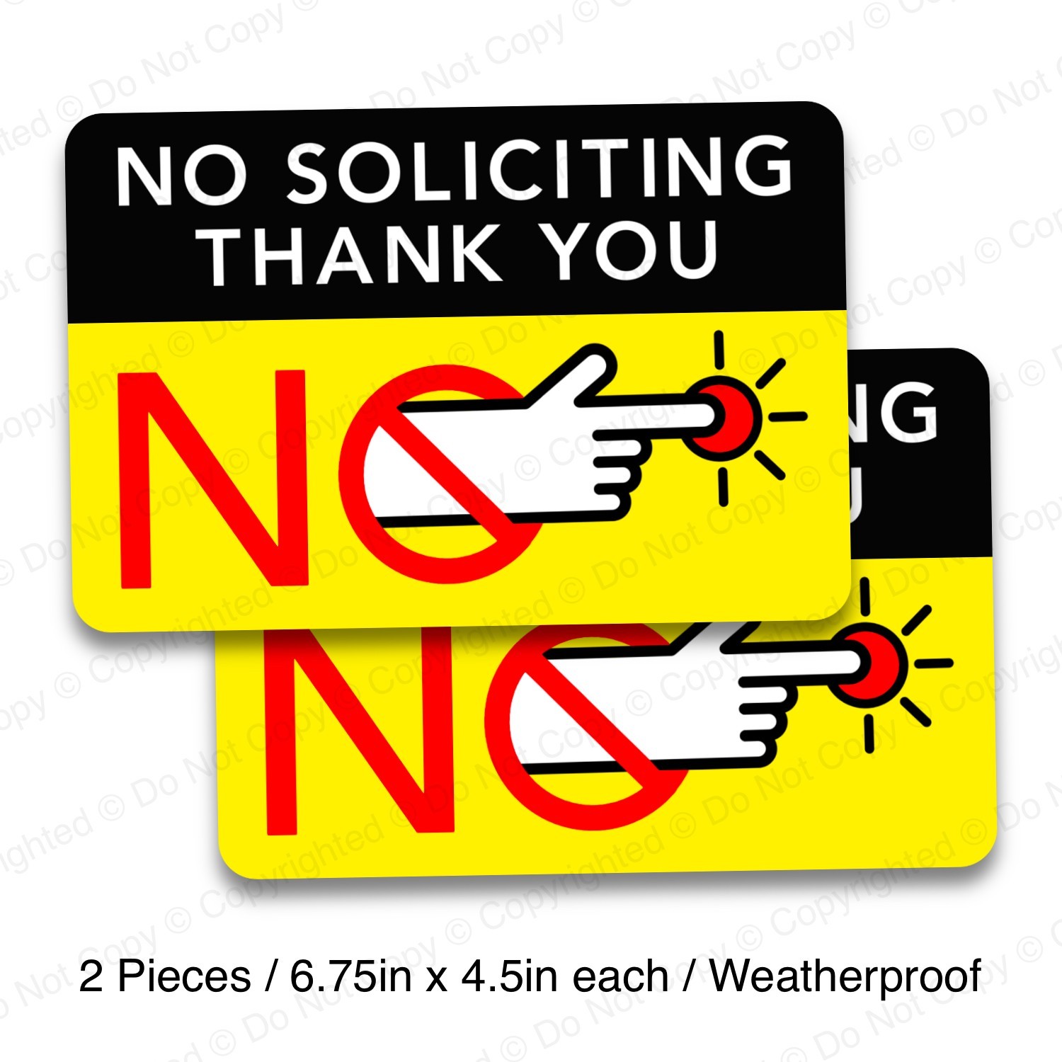 No Soliciting Vinyl Decal Sticker Sign. Weatherproof. 6.75in x 4.5in. 2-pack