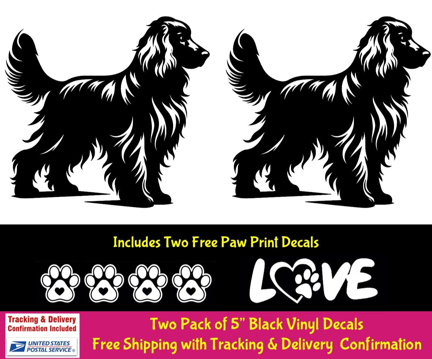 Spaniel Long Har Hair Dog Graphic Two PK 5″ Black Vinyl Decal Car Laptop Tablet