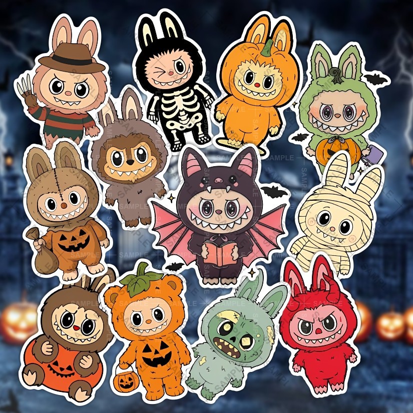 Labubu Halloween Stickers, Set of 12 Peel N’ Stick, Sizes available
