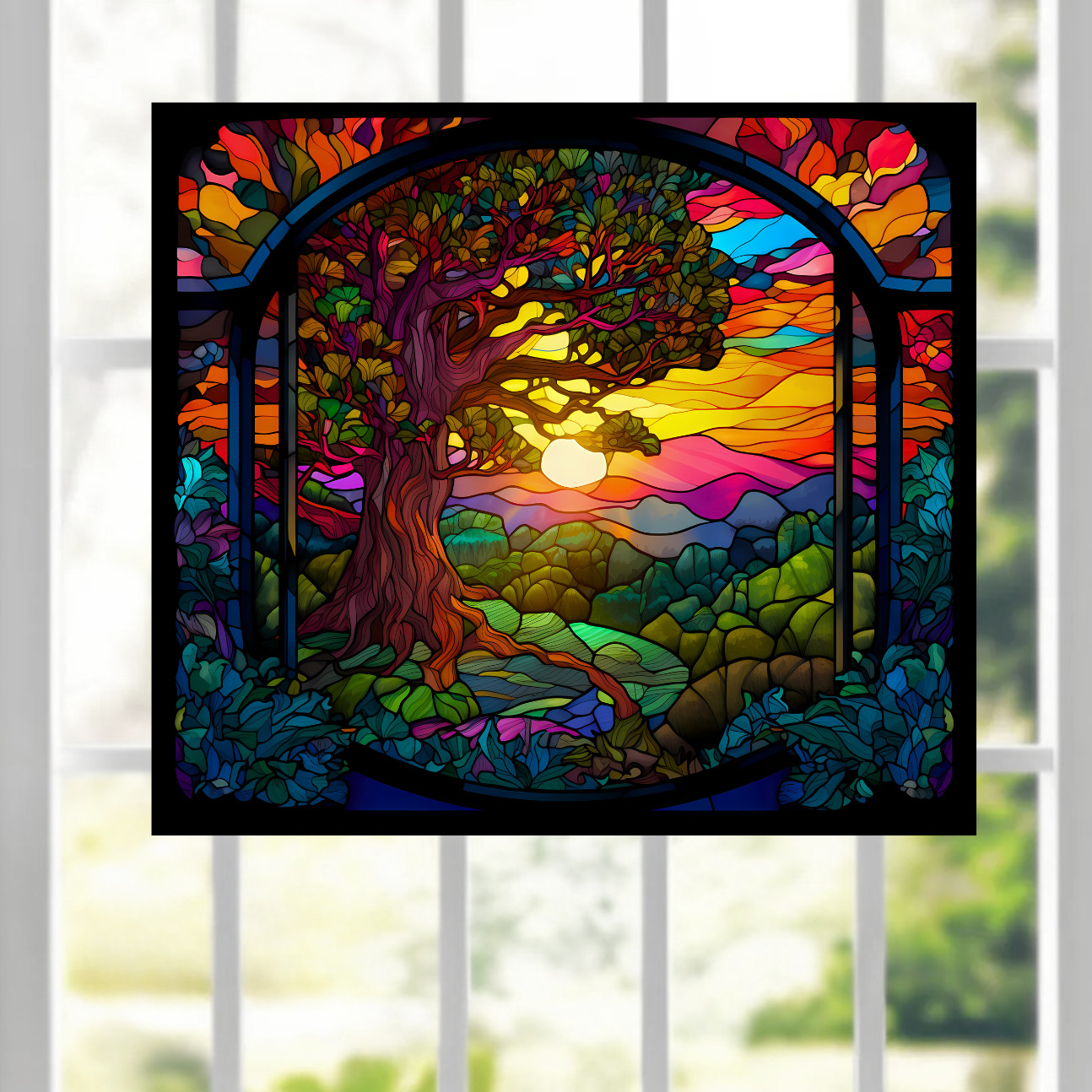 Tree at Sunset Faux Stained-Glass WINDOW CLING Size 9″ Repositionable Vinyl
