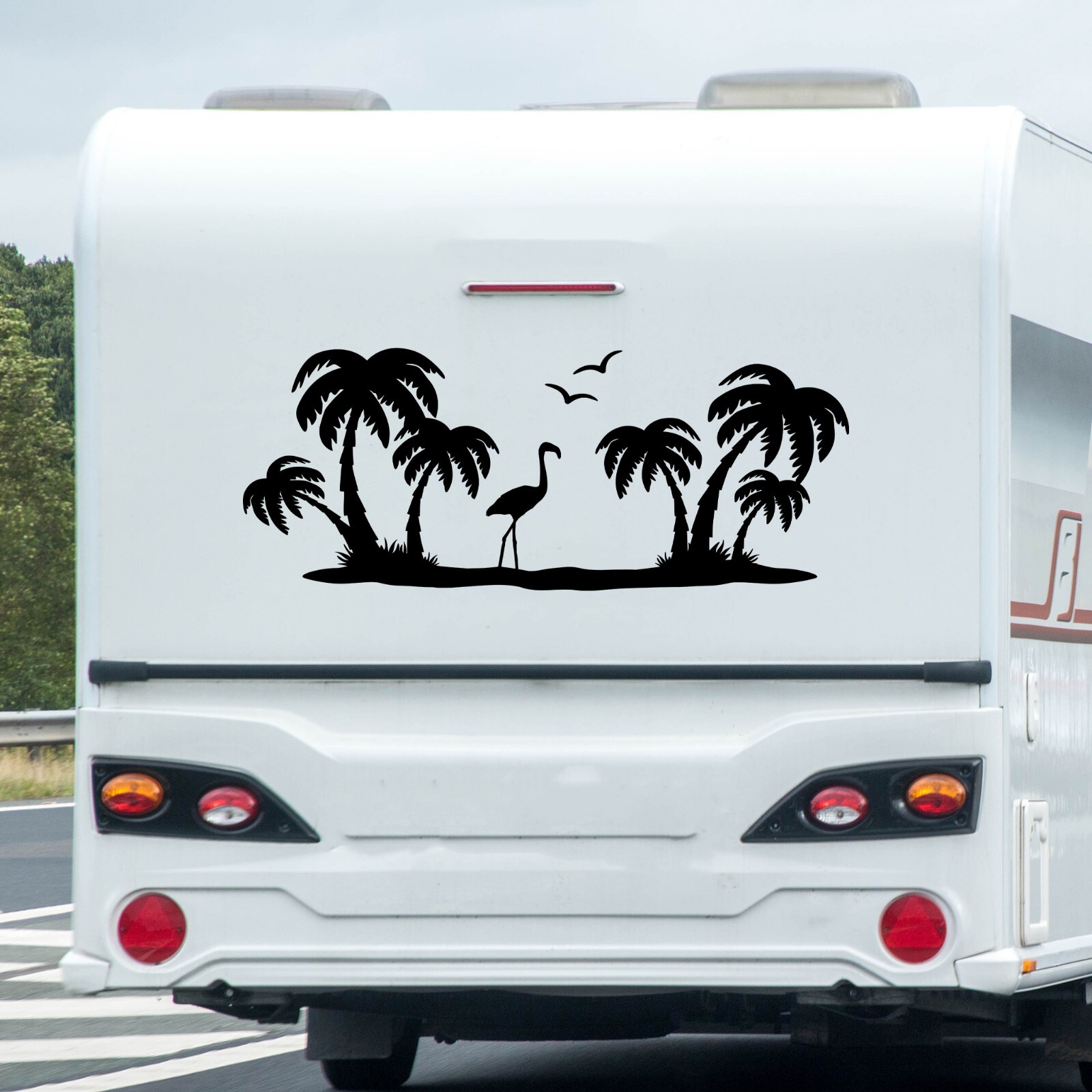Palm Trees Beach Scene Vinyl Decal V12 | Seagulls Flamingo Sunset RV | Sticker