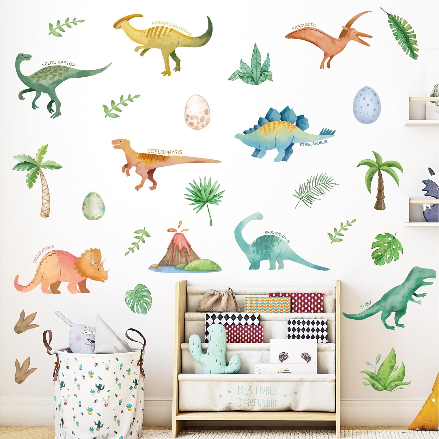 Watercolor Dinosaur Wall Decals – 28 Pcs Peel and Stick Dino Decor for Boys’ Bed
