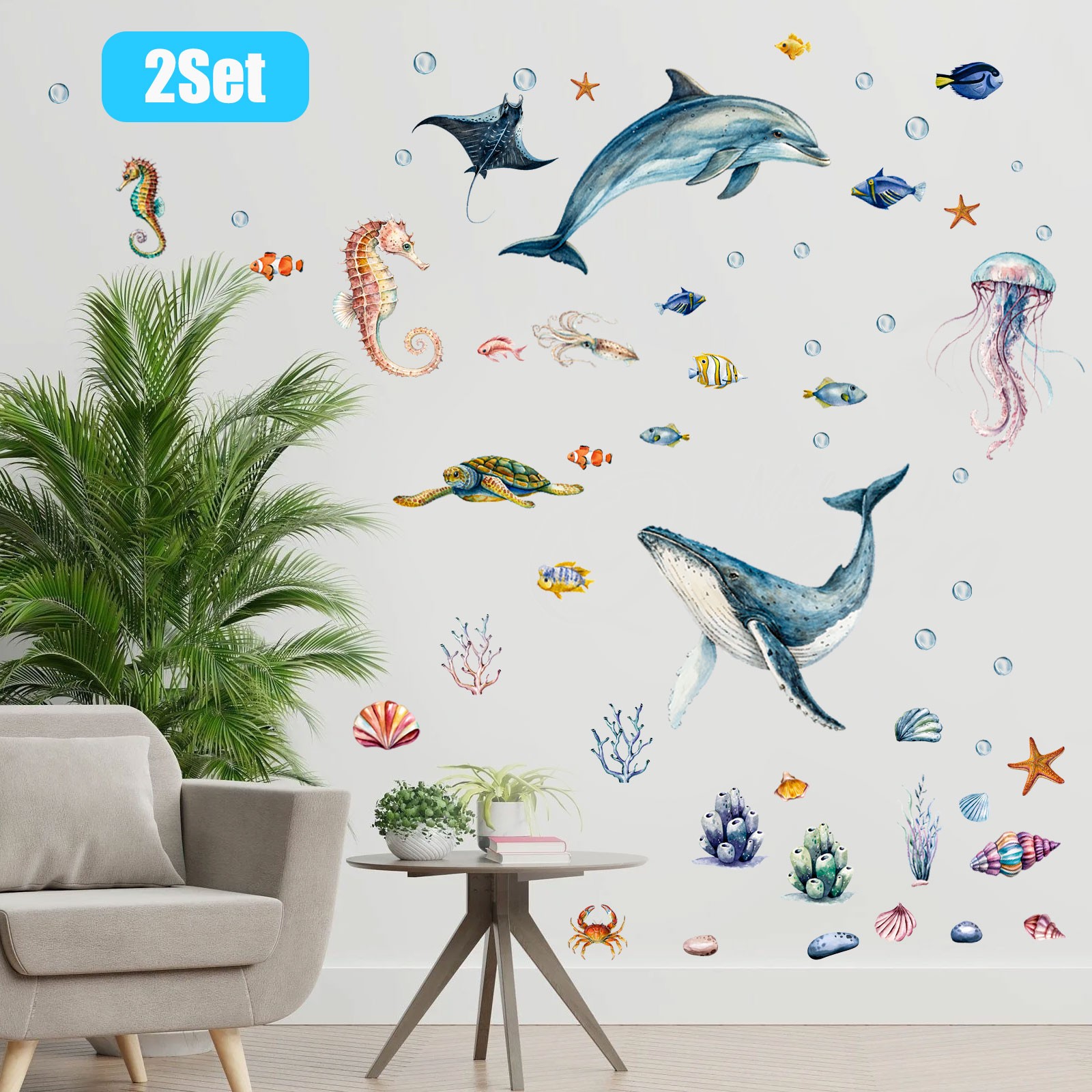 2 PCS Exquisite Ocean Wall Stickers Removable Marine Life Decor for Living Room