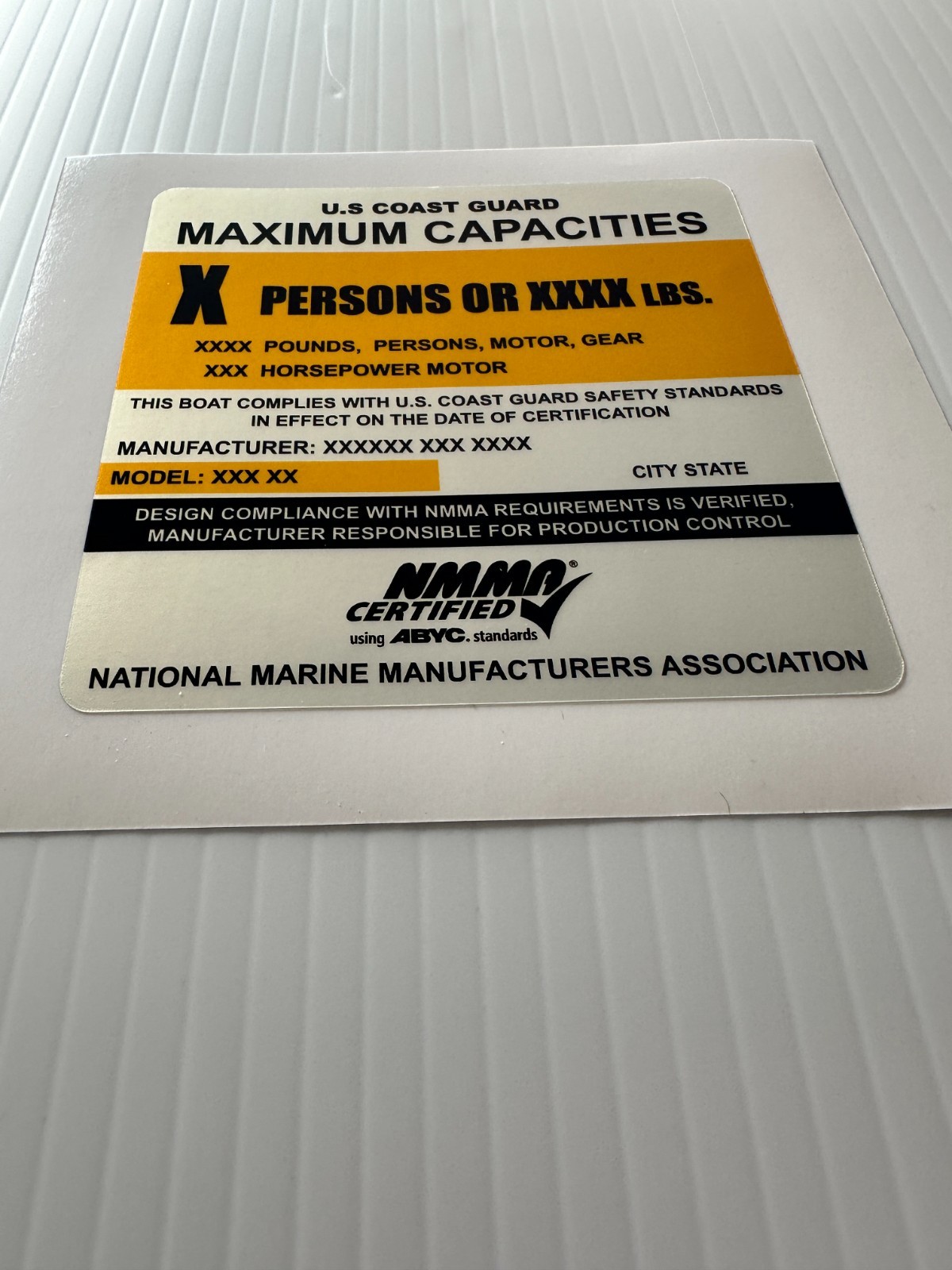 Custom Boat Capacity Plate Sticker Replacement Decal NMMA USCG 4×4 Silver Vinyl