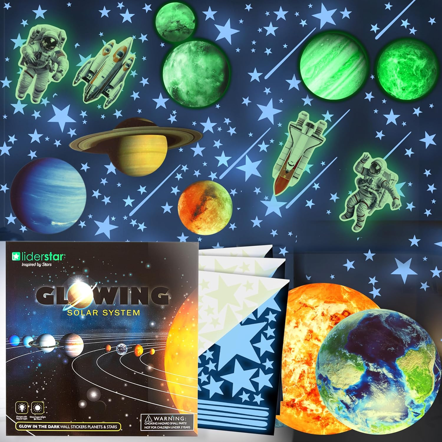 Glow in the Dark Stars and Planets Wall Stickers, Ceiling Decals for Kids