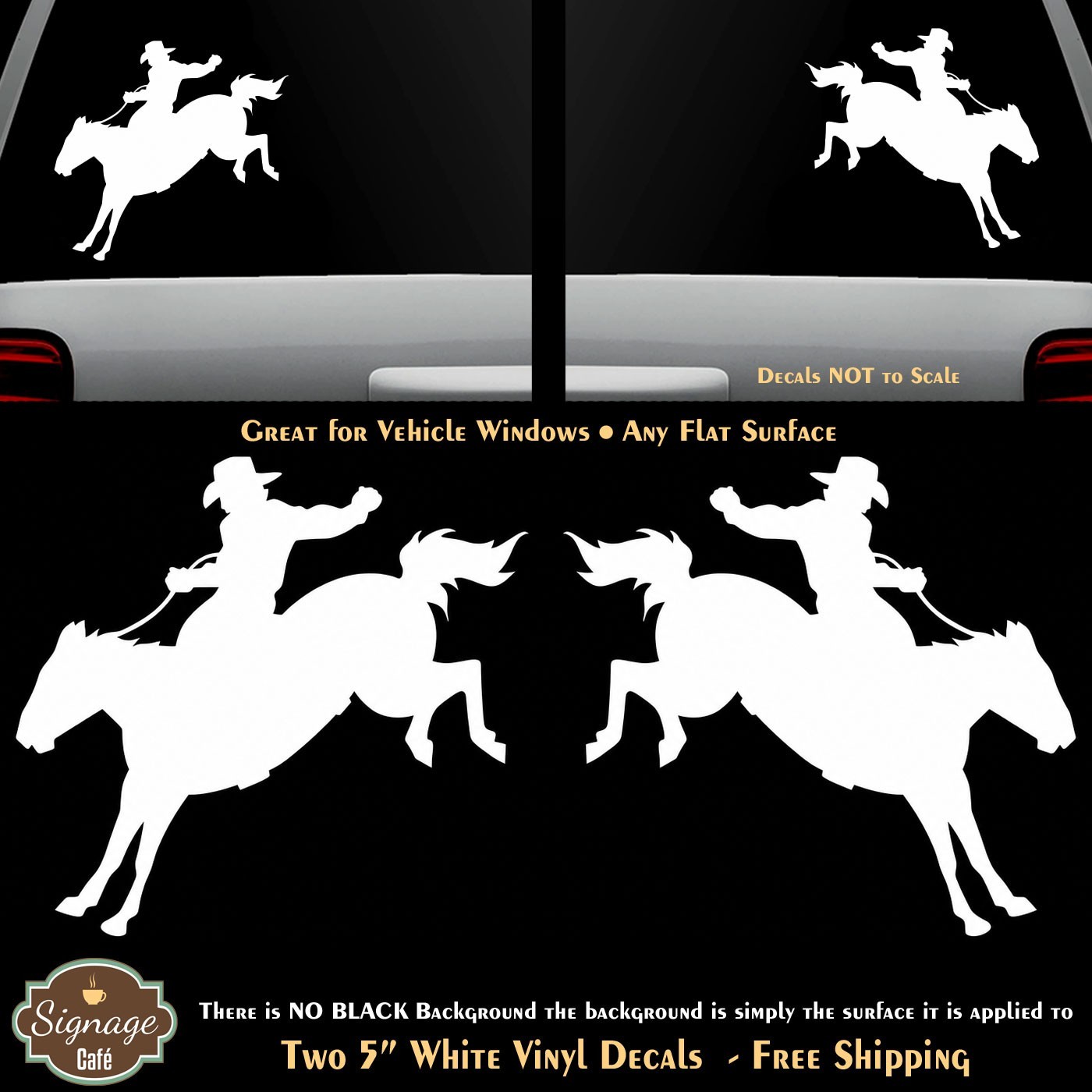 Cowboy Horse Rider Rodeo Two 5″ White Decals Vehicle Window Any Flat Surface