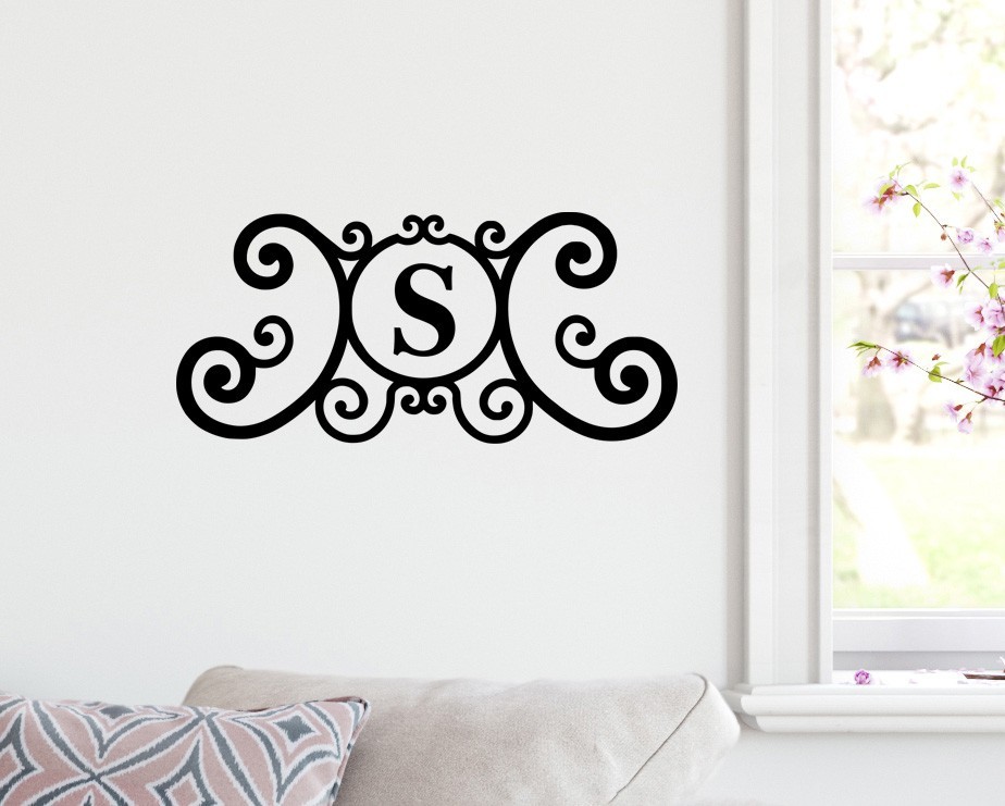 Monogram Scrollwork Letter Vinyl Decal Custom Initial Elegant Script Sticker