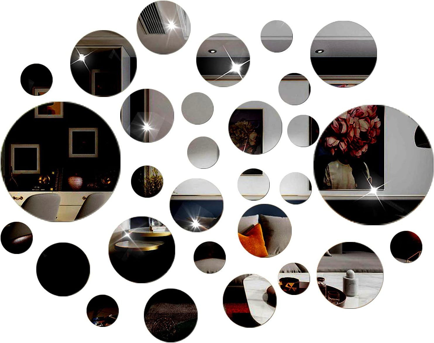 DIY Wall Decals Acrylic Mirror Sticker Set 60 Pcs, Circle Mirror Wall Stickers f
