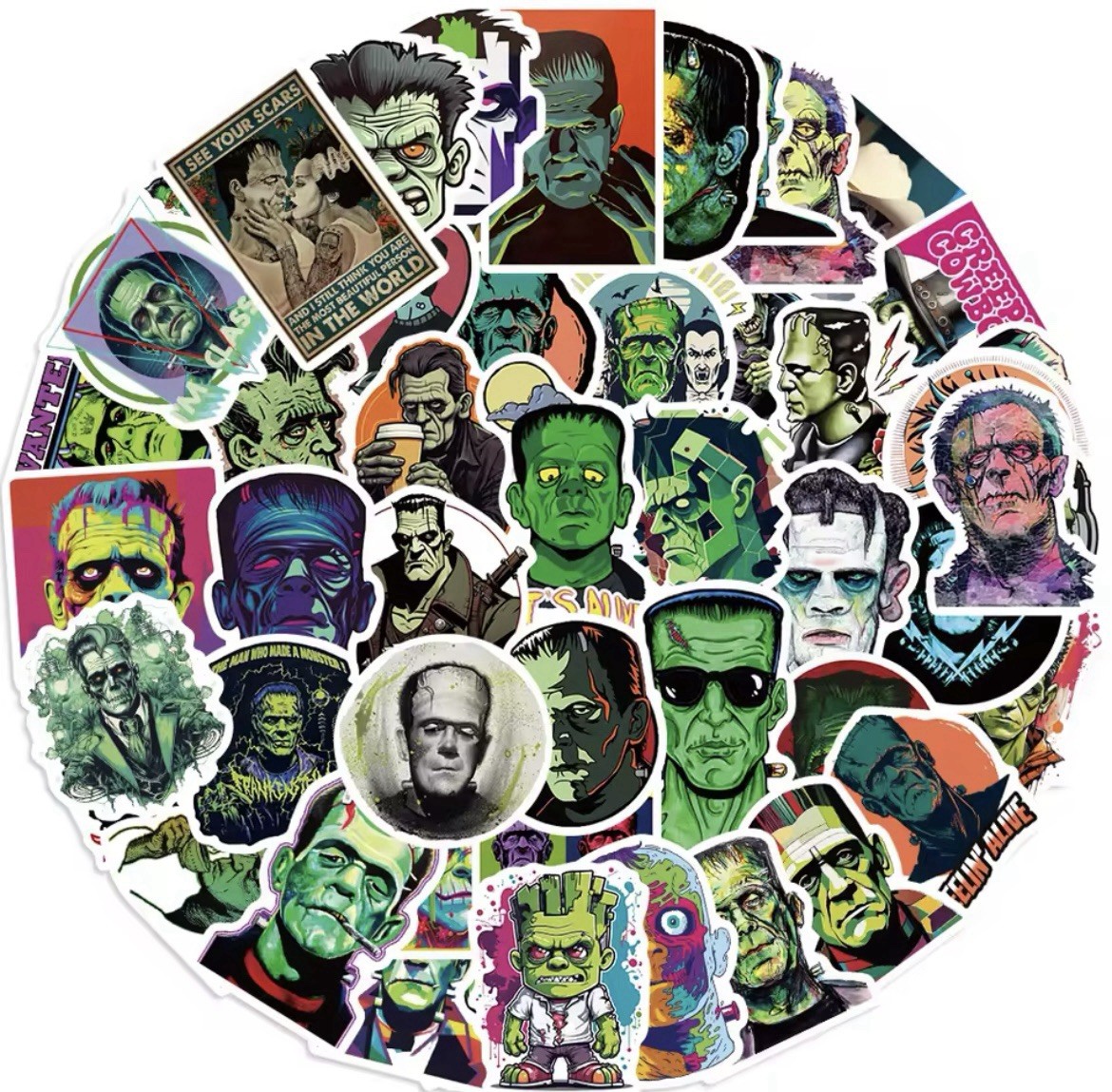 Frankenstein Style Stickers 50pk Mixed Horror Fun Frankenstein Sticker Monster