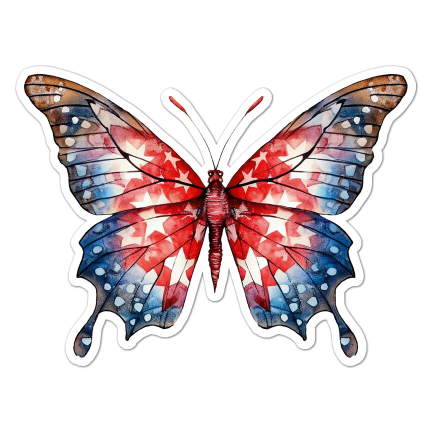 American Flag Butterfly, Vinyl Decal Sticker, Indoor Outdoor, 3 Sizes, #9581