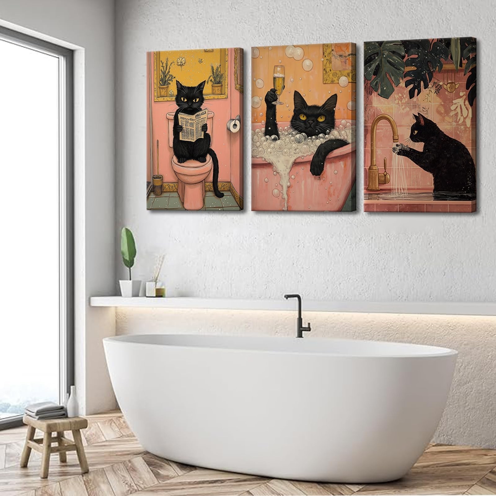 OCRXLYTH 3Pcs Black Cat Bathroom Canvas Wall Art Funny Commode Cat Wall Decor…