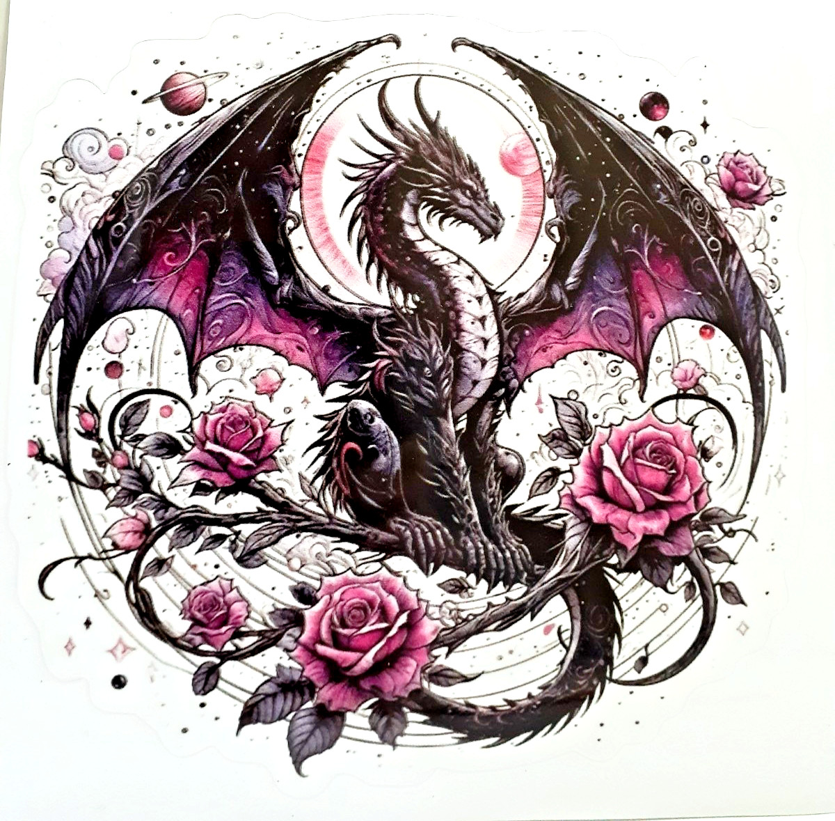 Galaxy Black Dragon with Pink Roses Vinyl Decal Sticker 6″ x 5.75″