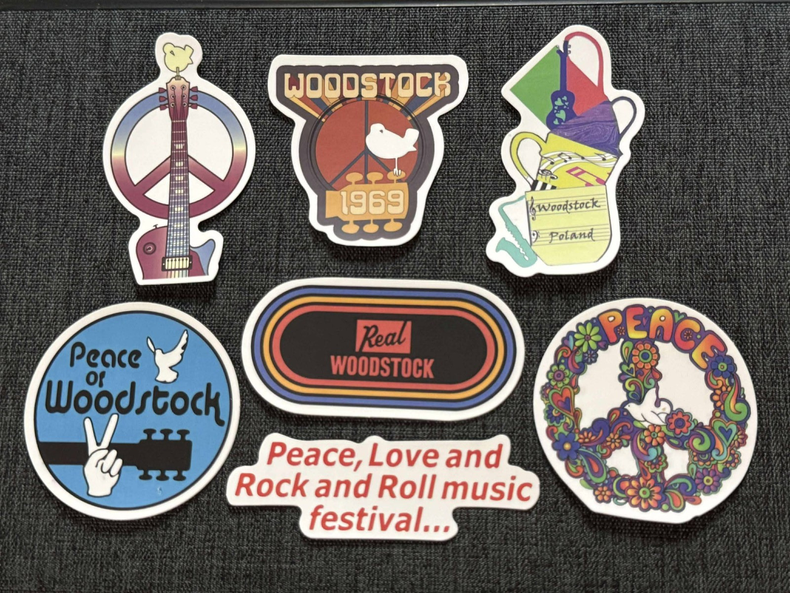 Lot of (7) WOODSTOCK Festival 7/8″ to 3″ Logo STICKERS Fast! FREE SHIP!