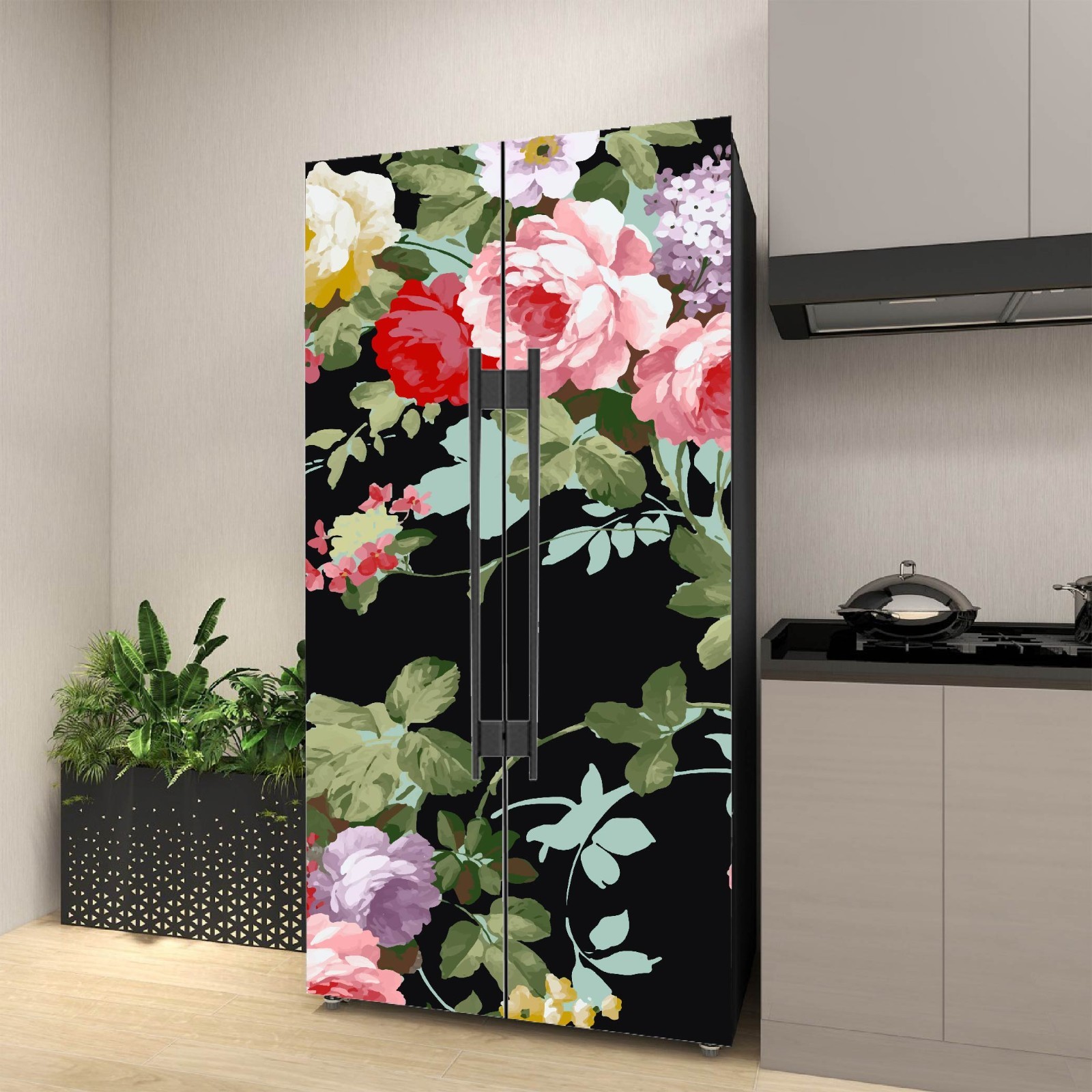 Floral Pattern Fridge Vinyl Wrap Refrigerator Decal Modern Kitchen