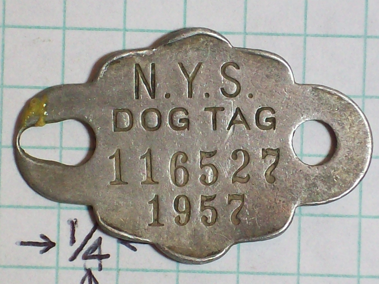 CANINE DOG TAG 1957 N.Y.S. DOG TAG 116527 ALUMINUM OVAL RECTANGULAR SHAPE BUBBLE