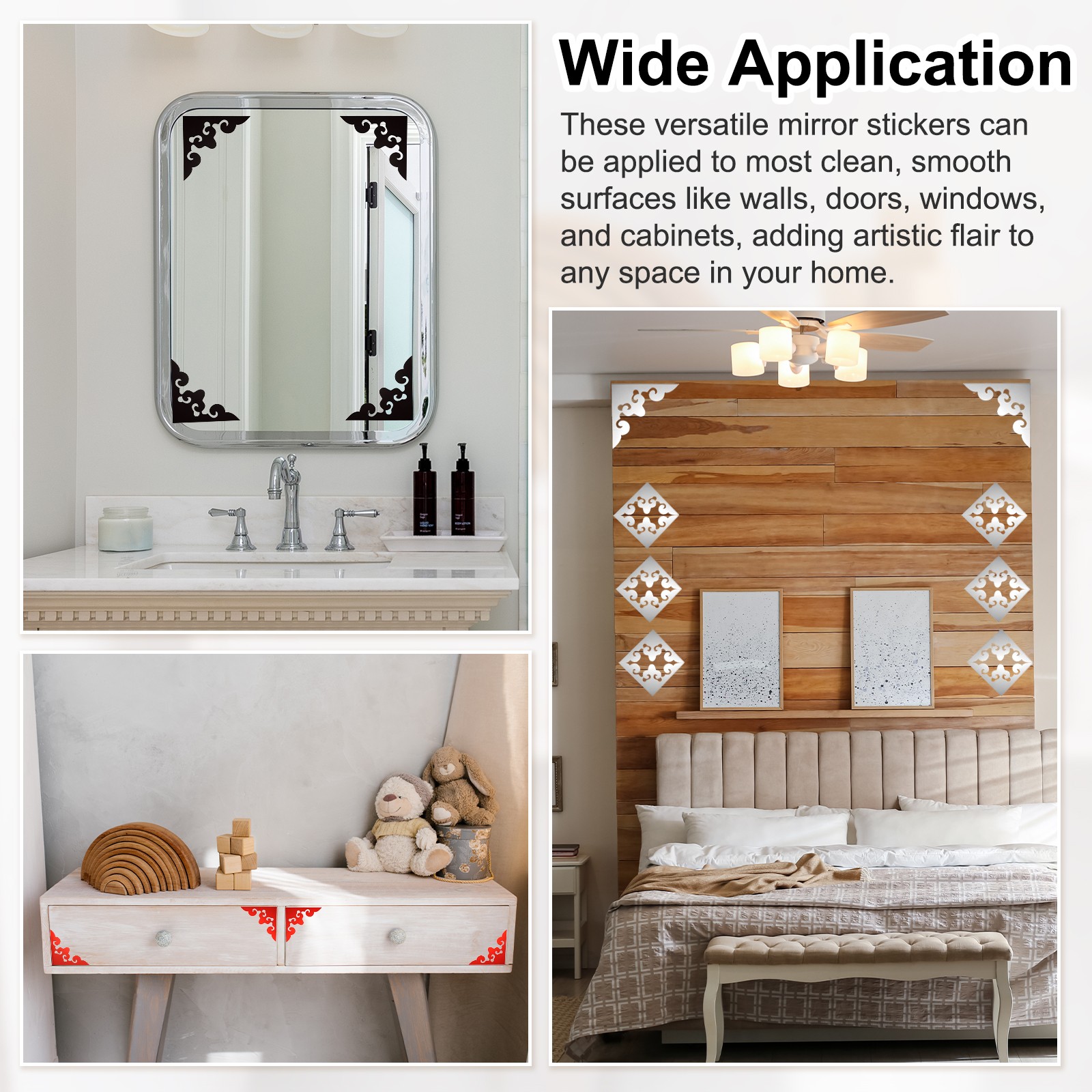 8Set Corner Decorative Pattern Hollow Mirror Wall Stickers(Silver 4×4″)