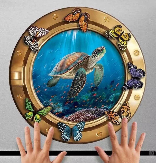 Fridge Wrap Underwater Turtle, Sea Life Refrigerator Sticker Decal. Glossy Round