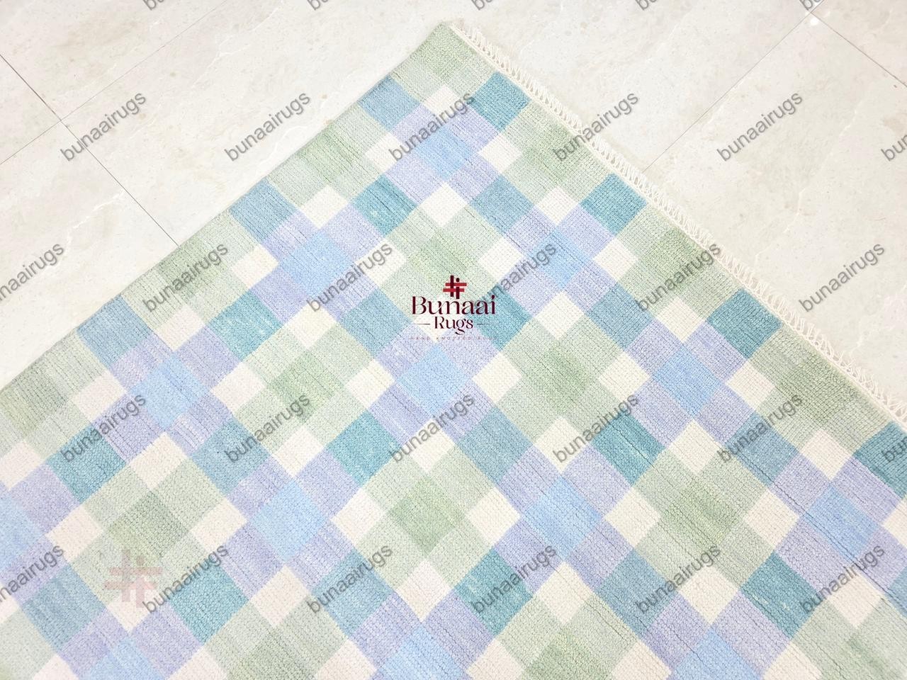 Handwoven Wool Flatweave Rug, Blue Green Checkered Plaid, Scandinavian Decor