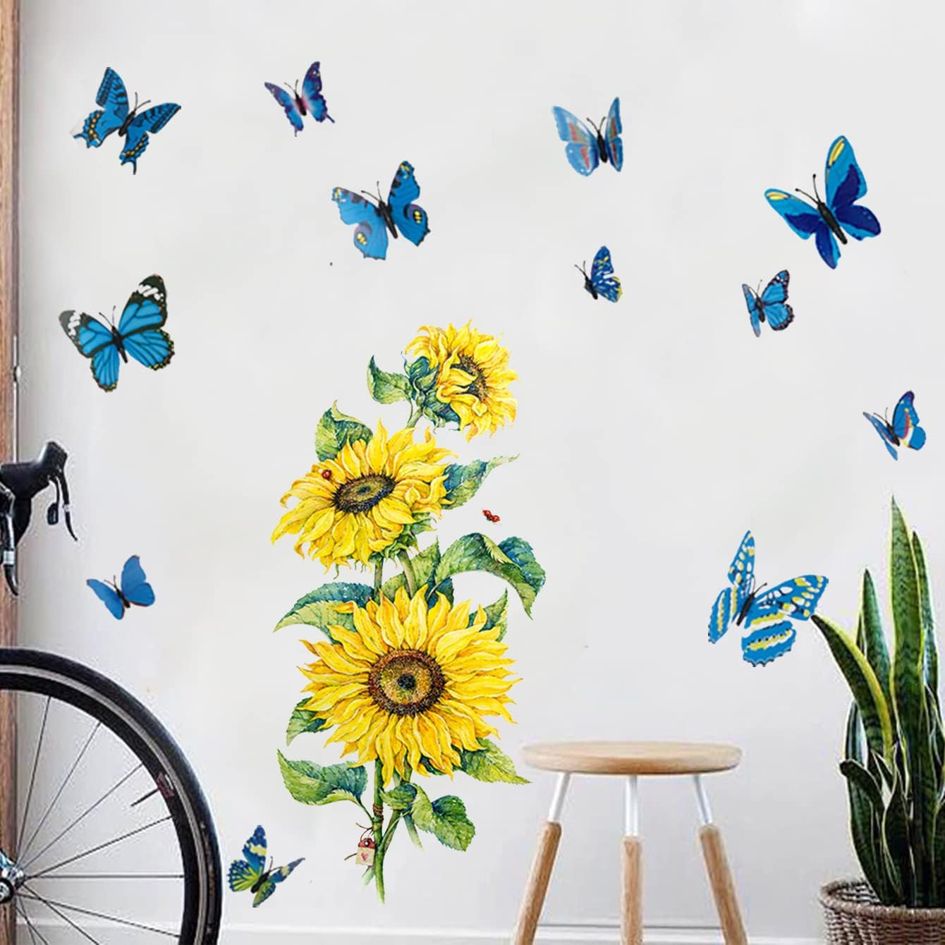 Sunflower Wall Decals with 3D Butterfly Wall Sticker,Garden Flower Wall Stickers