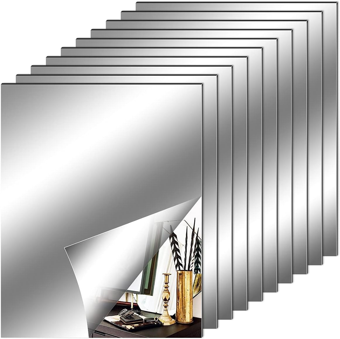 10 Pieces Flexible Mirror Sheets, Self Adhesive Decorative Plastic Mirror Tiles