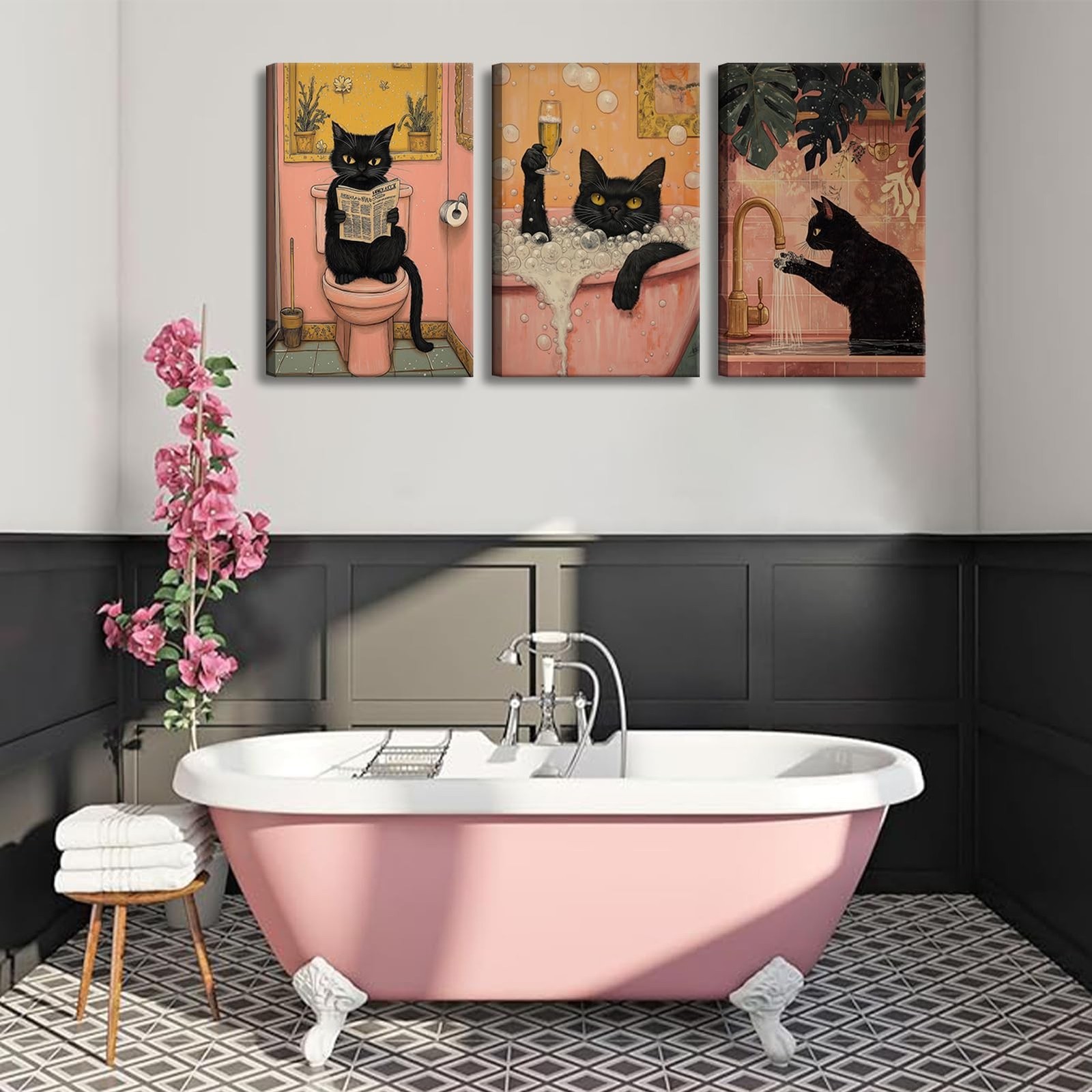 OCRXLYTH 3Pcs Black Cat Bathroom Canvas Wall Art Funny Commode Cat Wall Decor…