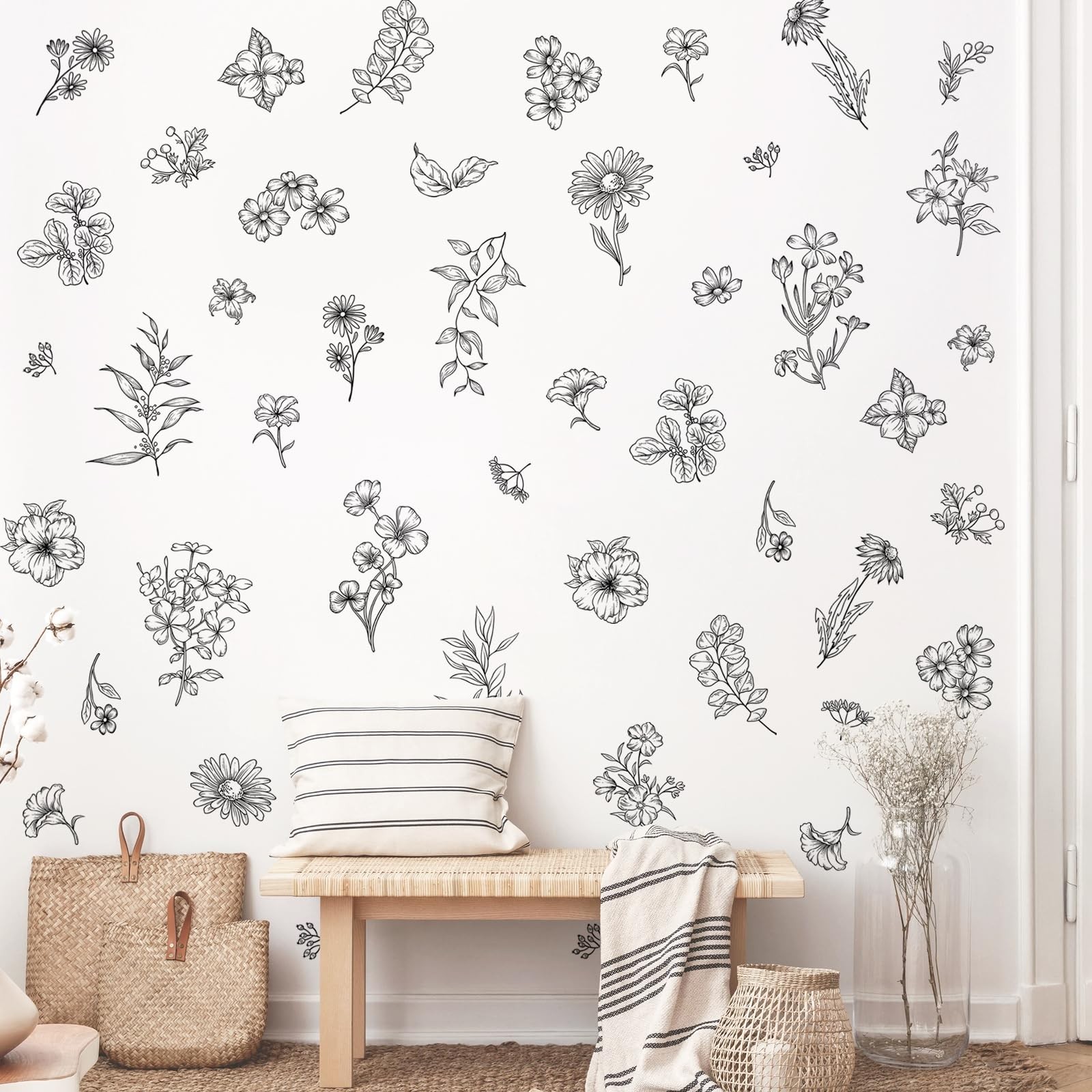 Black Flower Wall Decals Murals – 9 Sheets 67 Pcs Wildflower Botanical Plants…