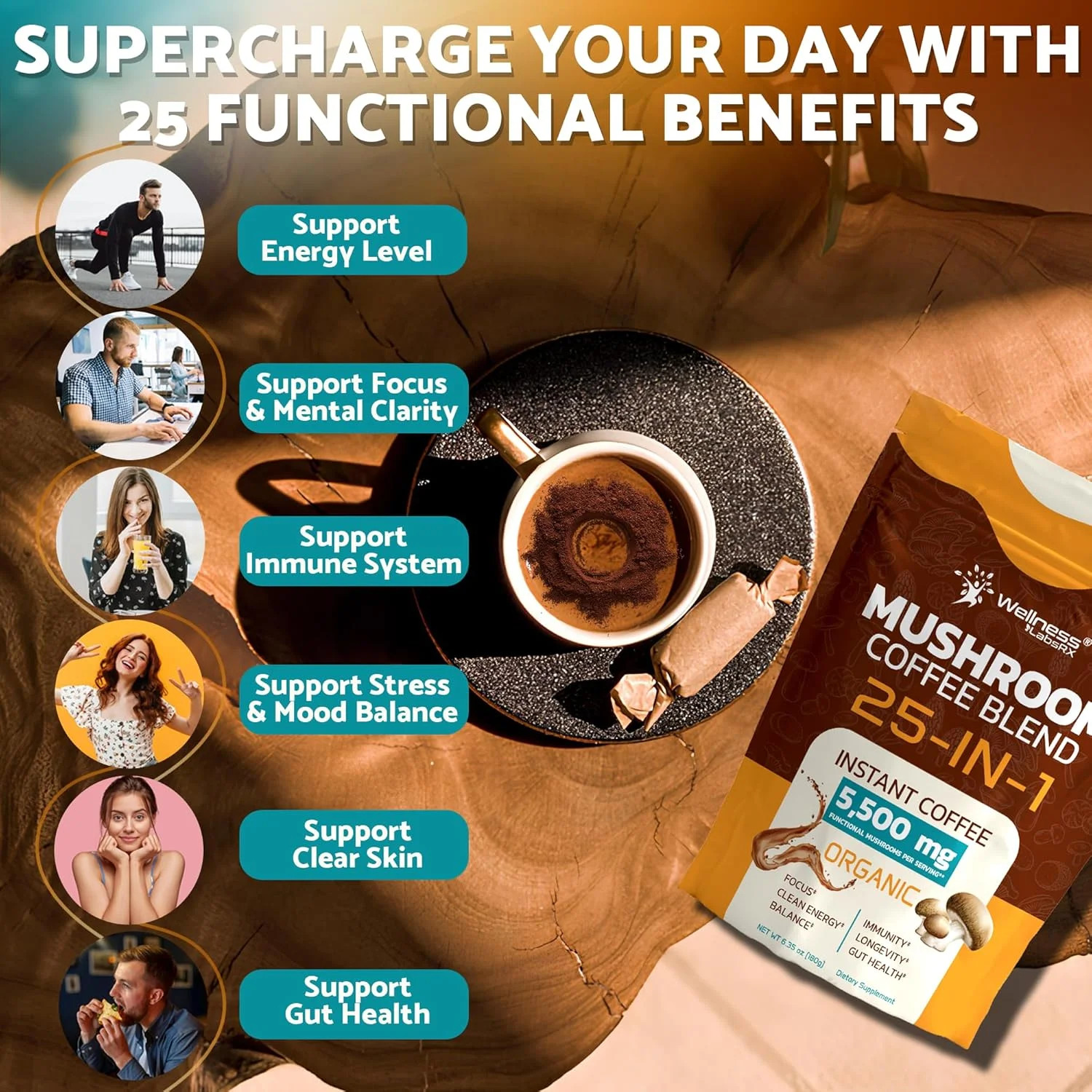 Mushroom Coffee Organic Instant Coffee, 25-in-1, Third-Party Tested Keto Friendl