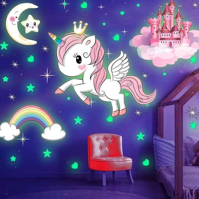 Glow in The Dark Unicorn Rainbow, Castle, Moon & Stars Vinyl Stickers Wall Decor
