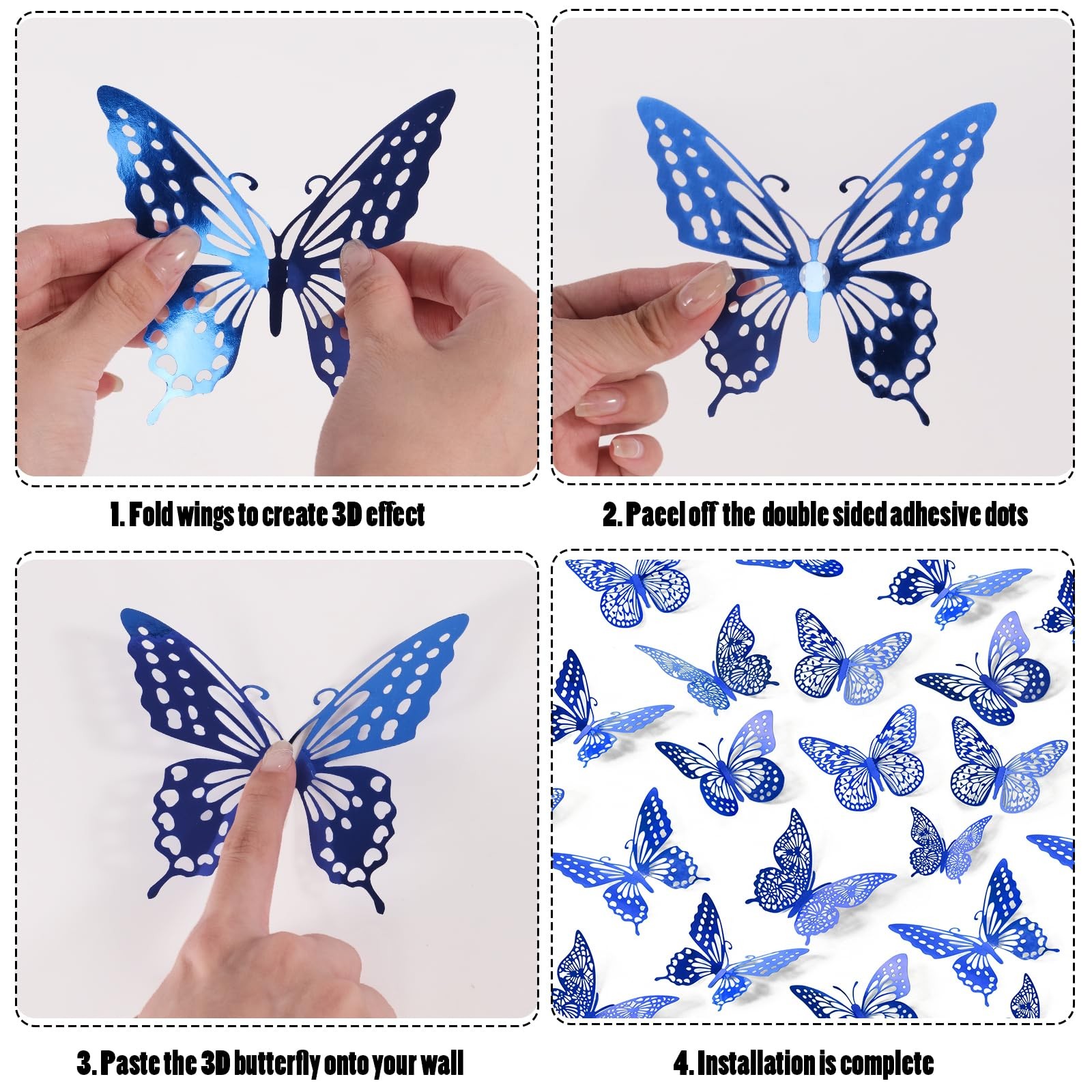 SAOROPEB Butterfly Wall Stickers, 48 Pcs 4 Styles 3 Sizes, 48 Pcs, Navy Blue