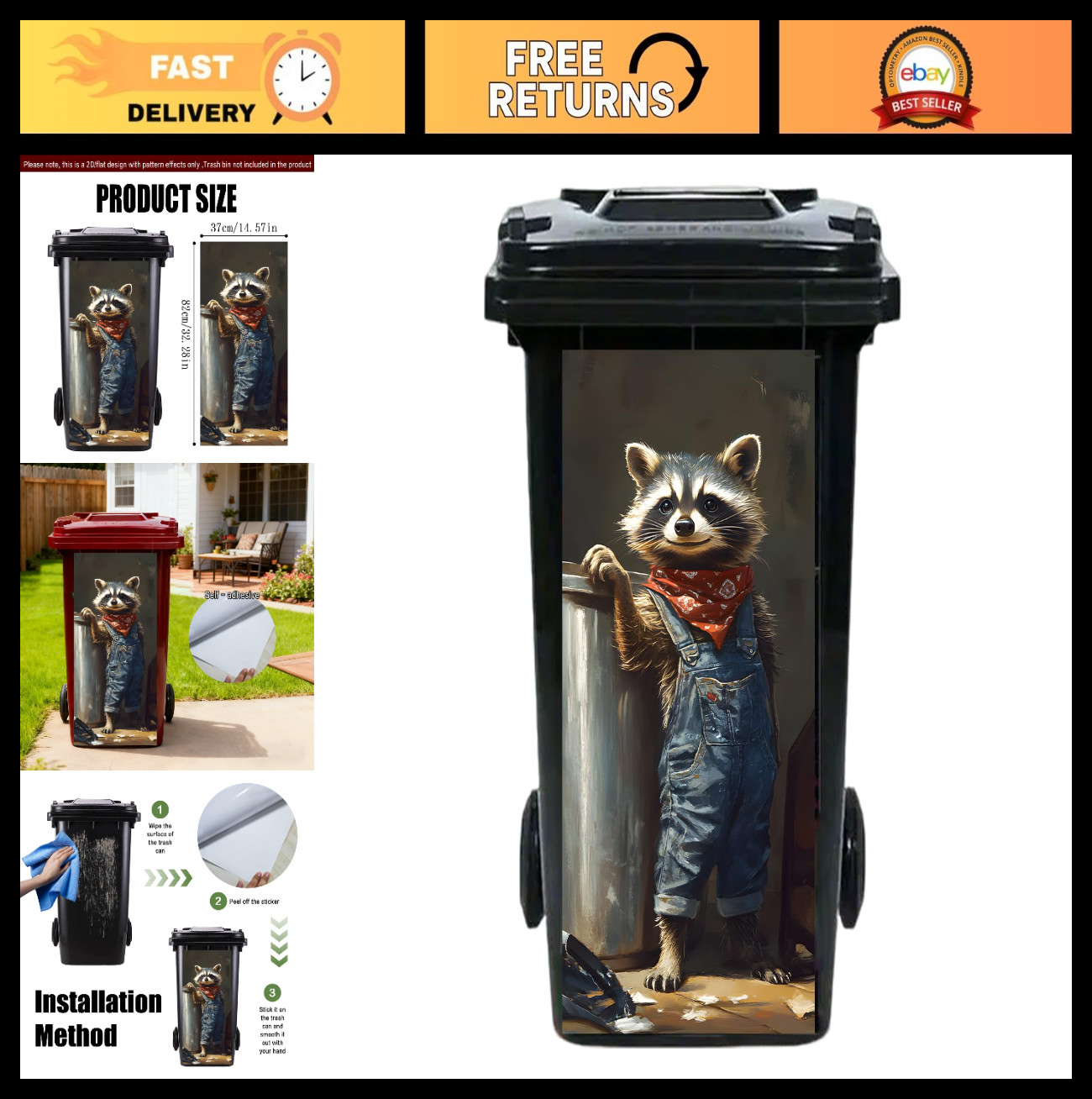 Funny Raccoon Worker Garbage Pail Stickers – PVC Trash Can Decor 14.57×32.28