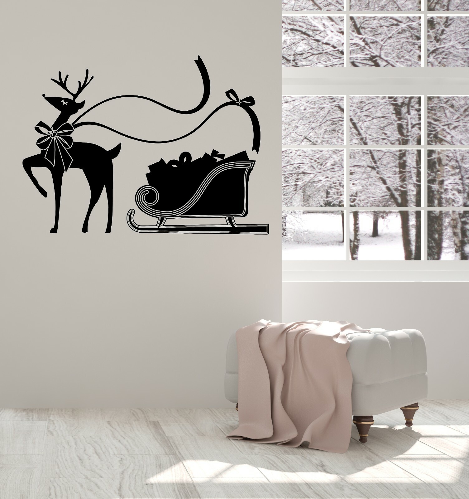 Wall Vinyl Decal Stickers Nordic Reindeer with Sleigh Gifts (n1445)