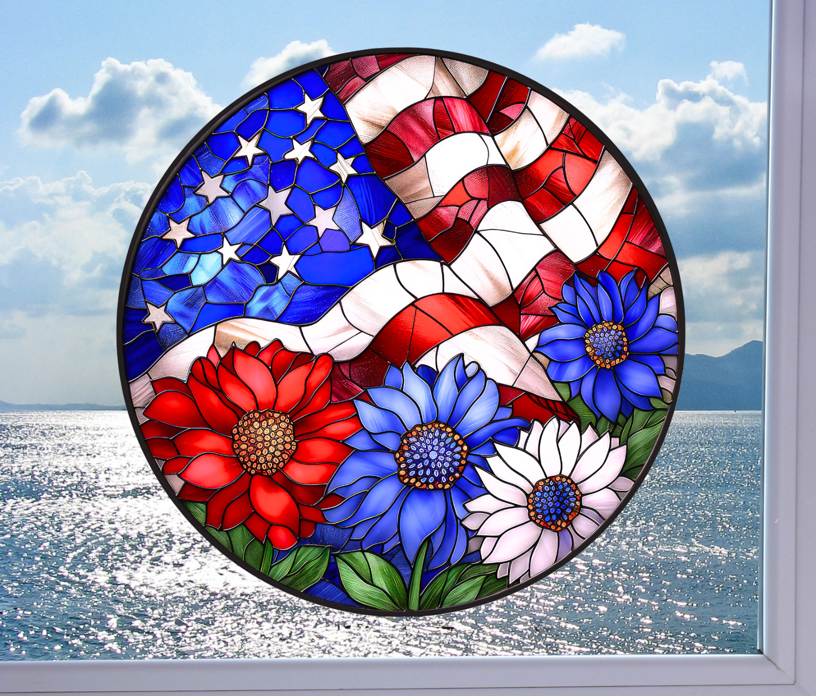 American Flag WINDOW CLING Sun-catcher Size 8″ Round ~ Repositionable Vinyl