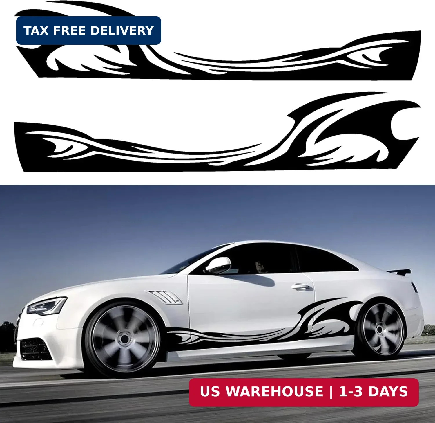 TOMALL 2Pcs 82” Wave Flame Graphics Car Body Side Stickers Flame Racing Sports