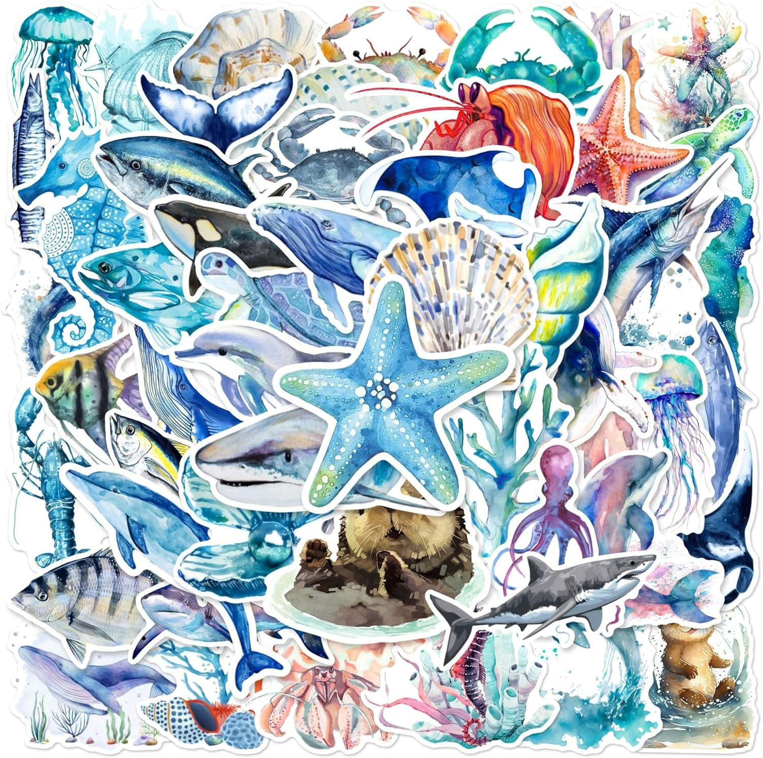 50 Pcs Watercolor Marine Life Stickers – Waterproof Vinyl Ocean Creature Decals