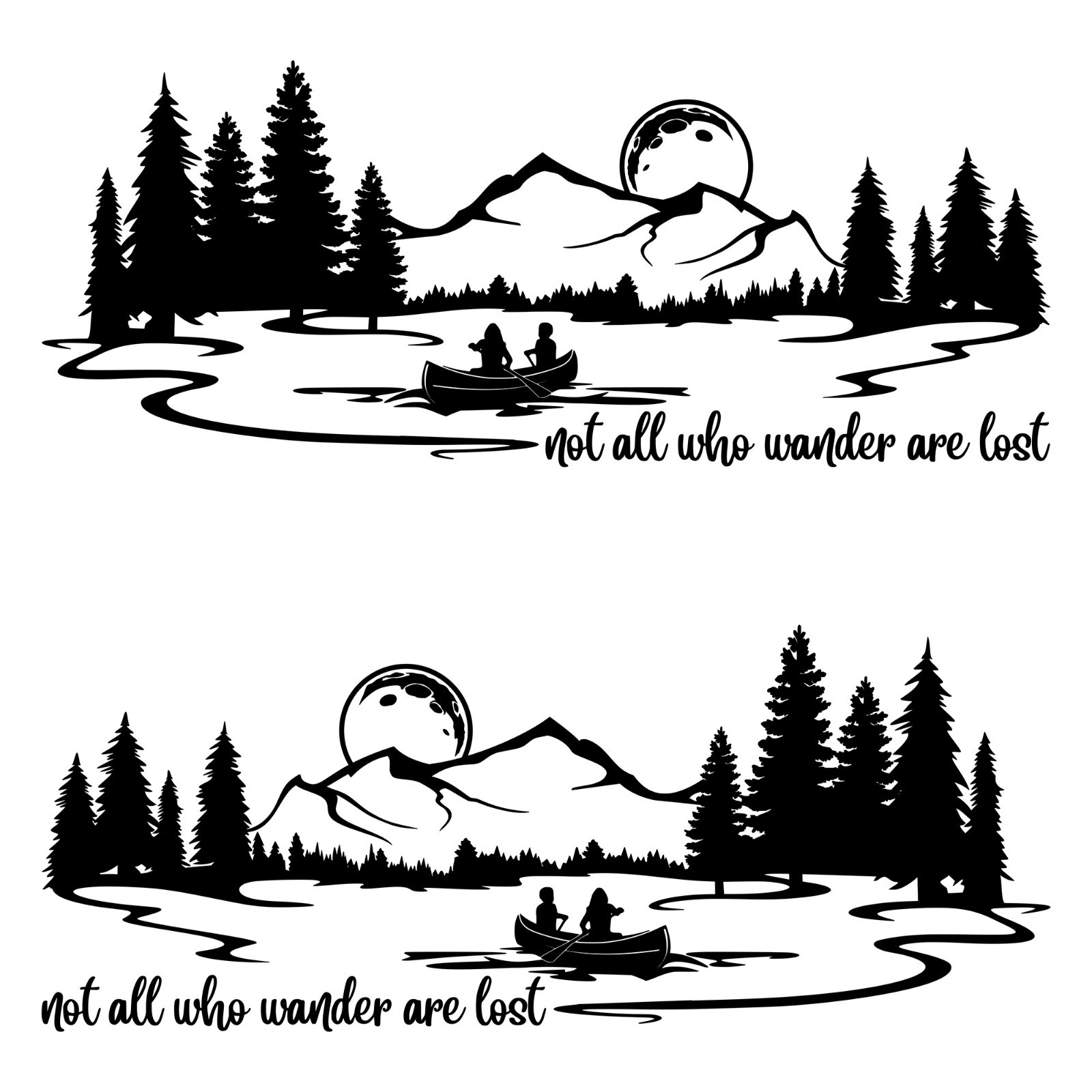 Canoe Lake Moon Mountain Not All Who Wander Are Lost Scene Vinyl Decal Sticker