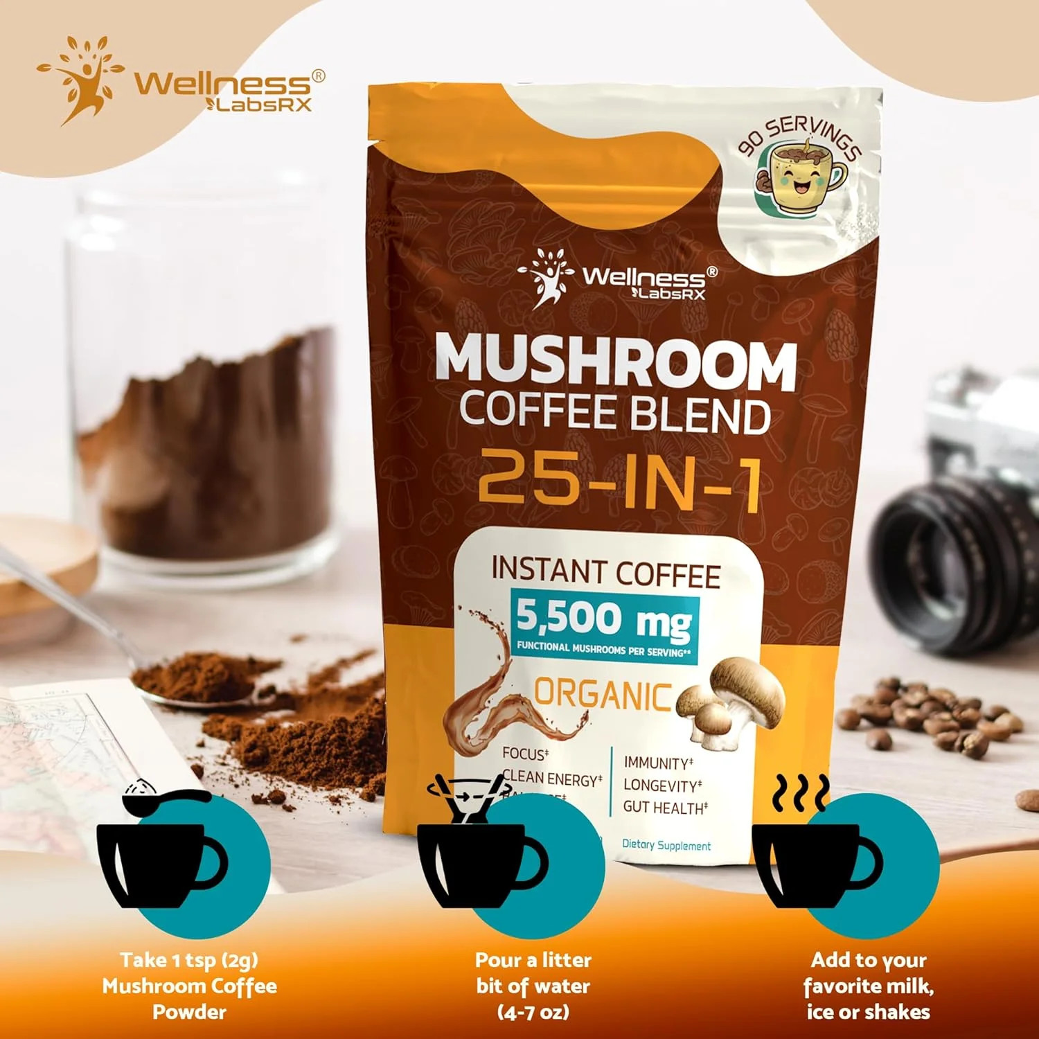 Mushroom Coffee Organic Instant Coffee, 25-in-1, Third-Party Tested Keto Friendl