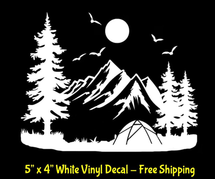 Tent Camping Serene Mountain Woods 5″ White Vinyl Decal Car Truck Window Tablet