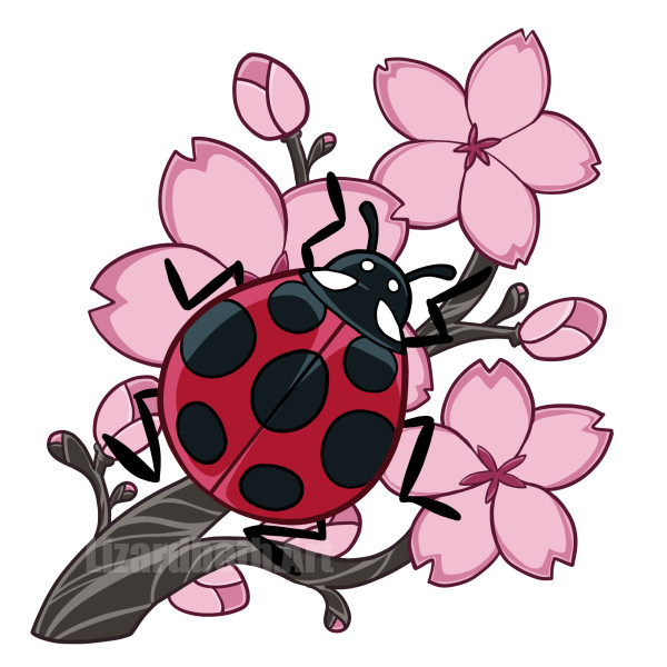 Ladybug on Sakura Sticker – tentou-mushi 1 x 1 art by Lizardbethart