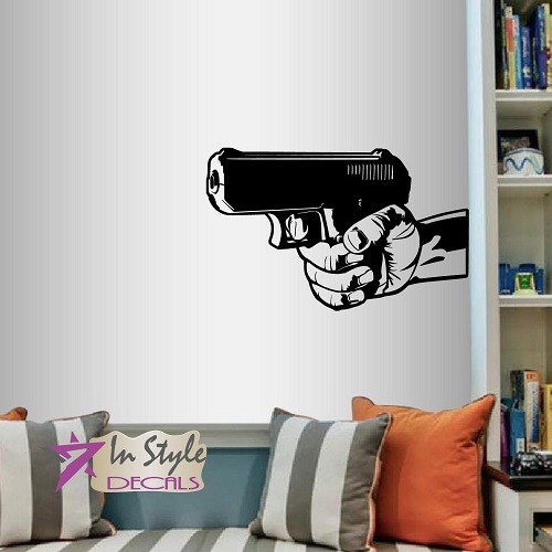 Vinyl Decal Hand With Gun Pistol 9 mm Handgun Aiming Any Room Wall Sticker 1304