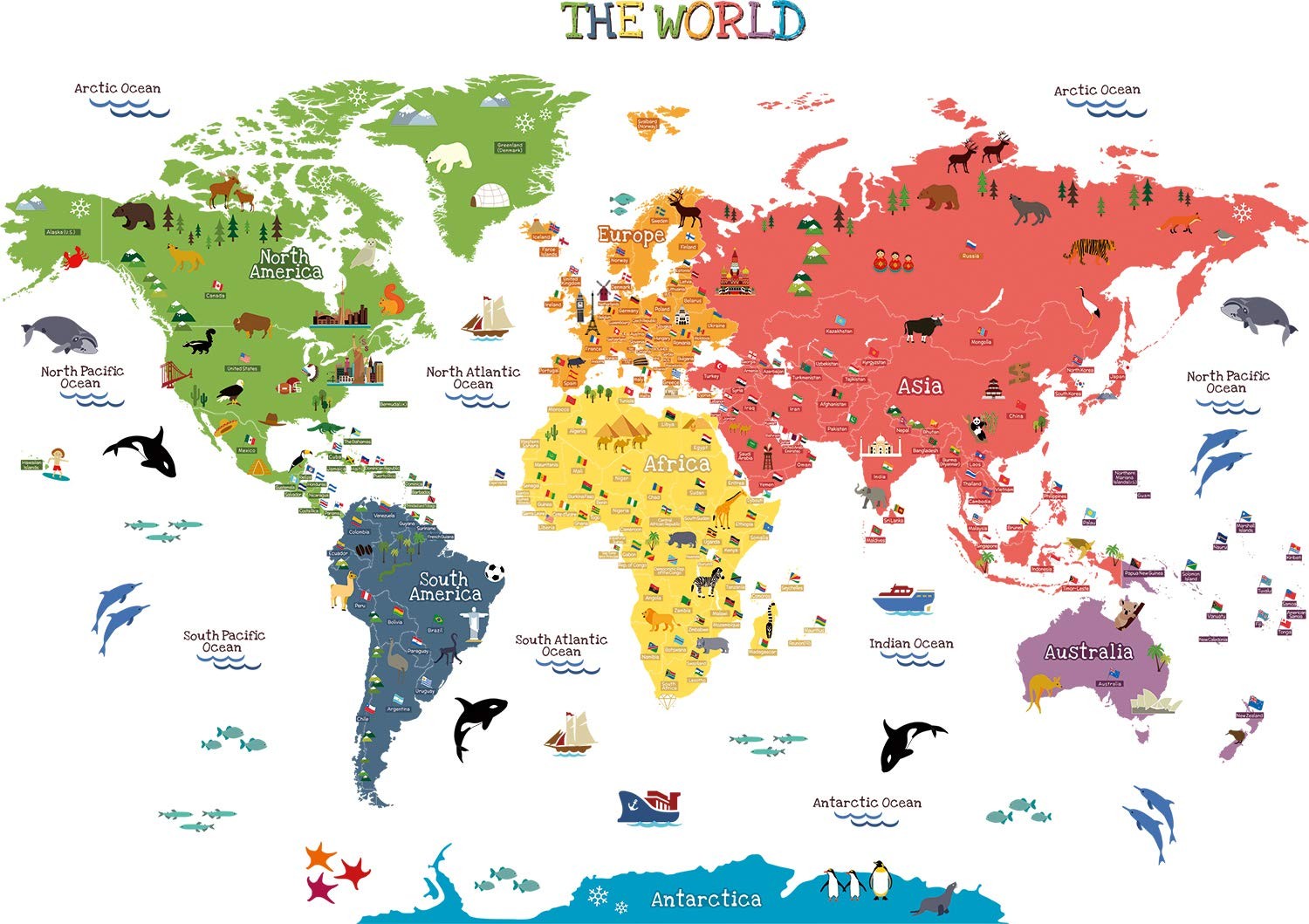 Kids Educational Removable World Map Peel and Stick Large Wall Decals Sticker…