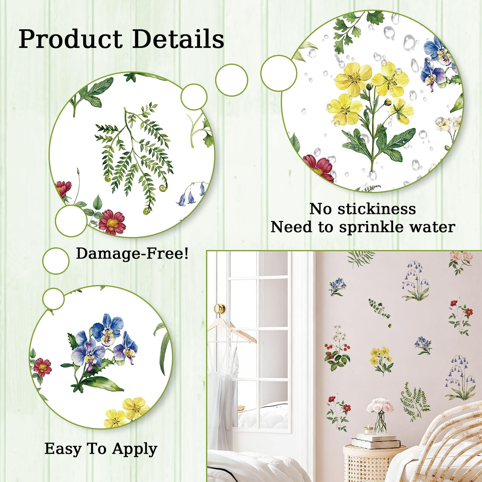8 Sheets Spring Wall Stickers Vintage Floral Flower Wall Decals for Home Nurs…