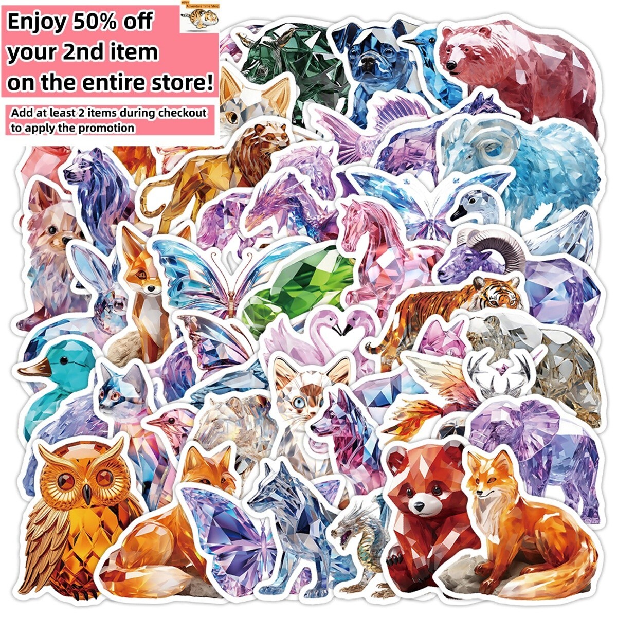 50pcs Waterproof Vinyl Stickers Cartoon 3D Crystal Animals Luggage Phone Laptop