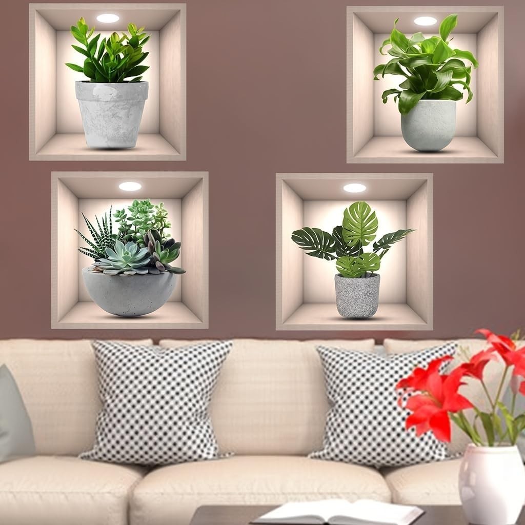 3D Green Plants Wall Sticker,4pcs Vases Flower Stickers 3d