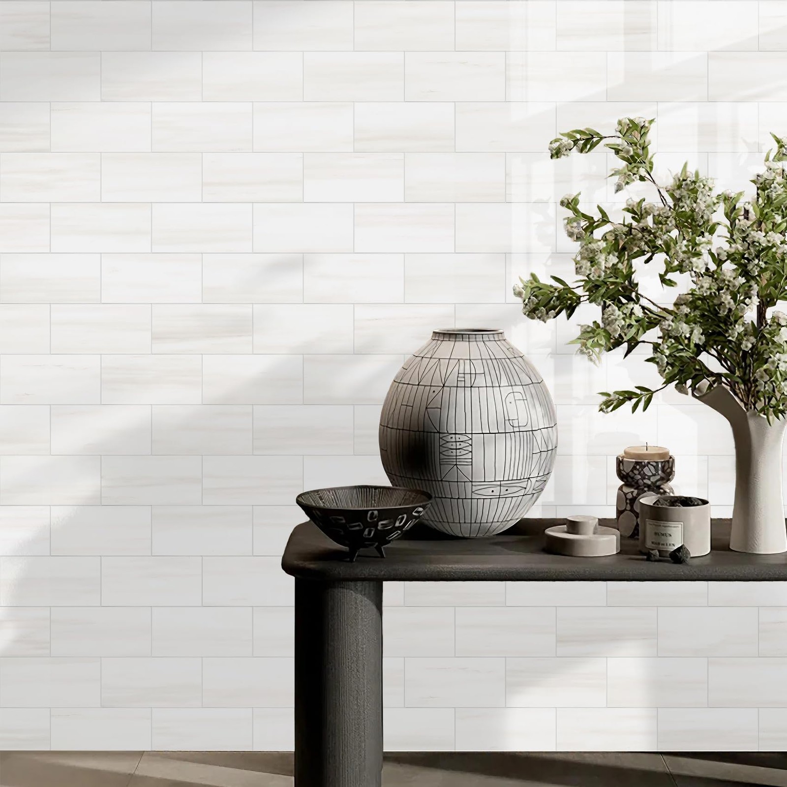 Vamos Tile 100-Piece Glossy Dolomite White Peel and Stick Backsplash Tile,3”…