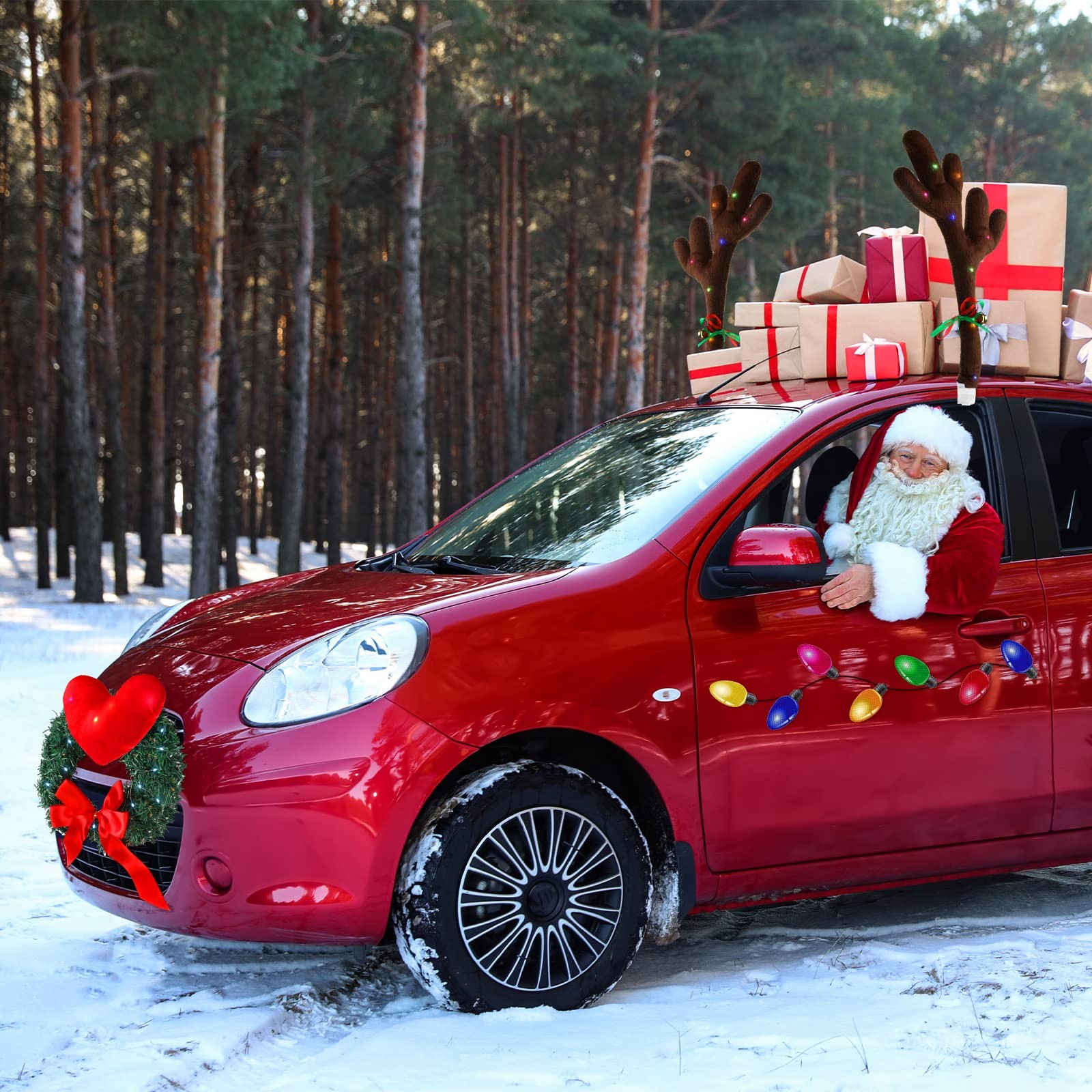 32 Pcs Christmas Car Reindeer Antler Kit with LED Car Wreath Car Christmas Ca…