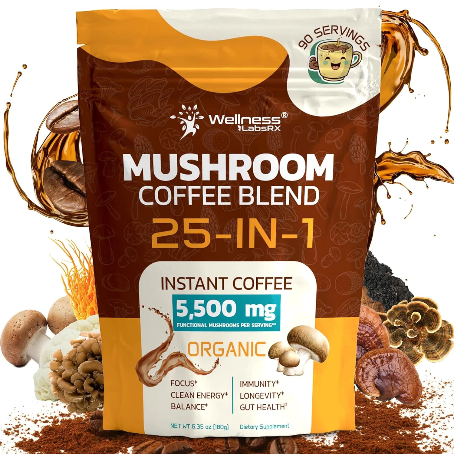 Mushroom Coffee Organic Instant Coffee, 25-in-1, Third-Party Tested Keto Friendl