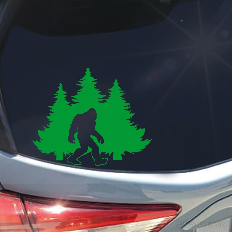 Sasquatch in the Trees vinyl sticker mountains plants pine trees