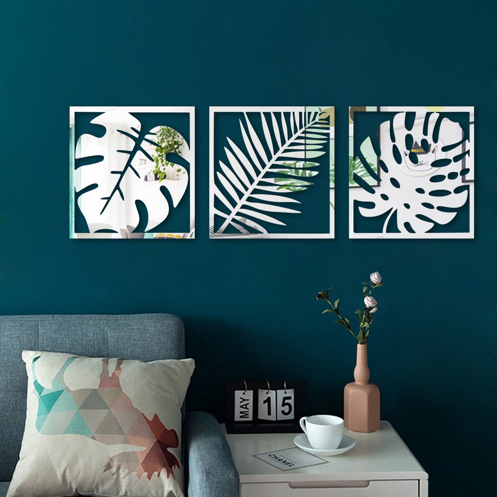 Tropical Foliage Square Mirror Wall Decals 3Pcs Household Wall Art Decoration
